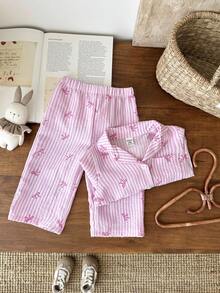 SHEIN 女婴幼儿新生儿0-3岁秋冬条纹蝴蝶结长袖衬衫休闲套装，适合居家和户外 - 粉色 - 查看 7