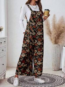 SHEIN LUNE Women's Casual Loose Jumpsuit With Leaf Print Pattern On Black Background, Suitable For Autumn/Winter Wear - Multicolor - View 5