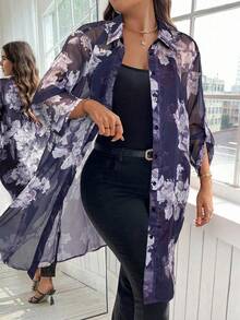 SHEIN Clasi 大码优雅复古七分袖长款花卉印花雪纺衬衫