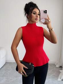Elenzga 1pc Women's New Arrival Sleeveless Turtleneck Fitted Hem Ruffle Knit Casual Tank Top - Red - View 1