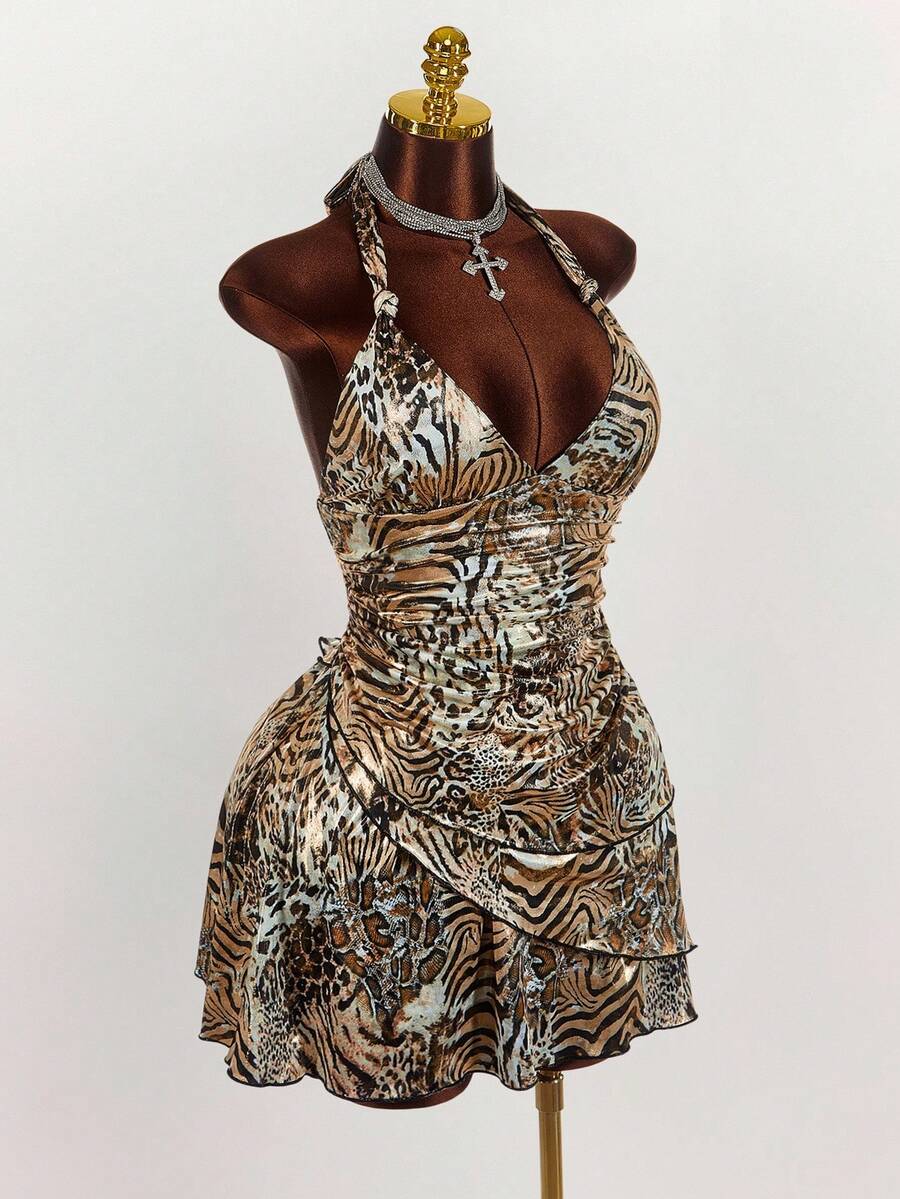 Amplova Plus Size Animal Print Knotted Backless Mini Bodycon Dress - Multicolor - View 1