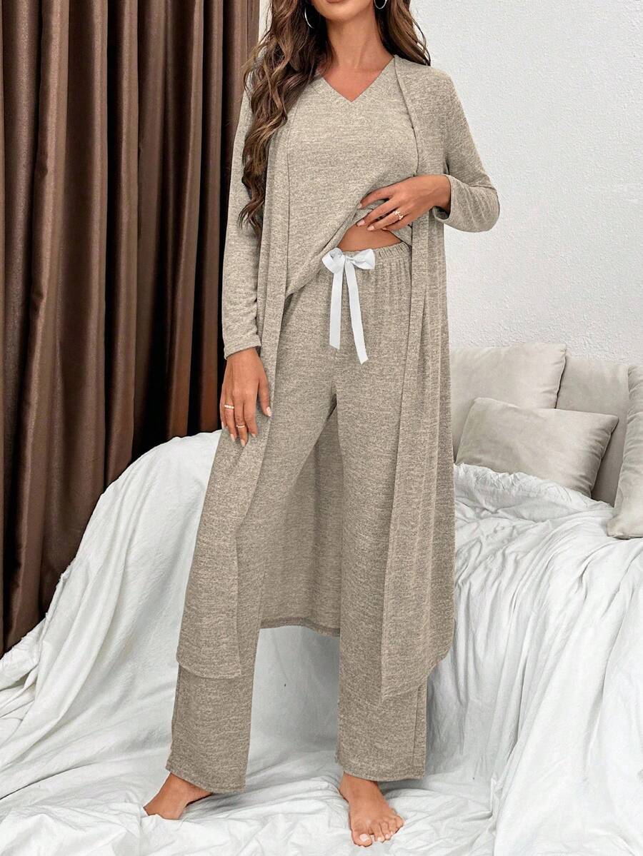 Women Long Robe, Short Sleeve Top And Long Pants Pajama Set Three Piece Lounge Set Loungewear, Fall Winter Clothes, Cozy Outfit - Khaki - View 1