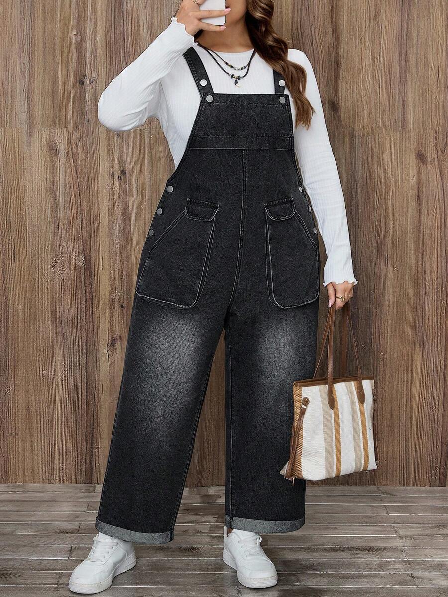 EMERY ROSE Plus Size Black Plus Size Pocket Flap Button Decor Casual Denim Bib Pants - Light Grey - View 1