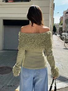 Siren Gaze Autumn/Winter New Distressed Off-Shoulder Fringe Sweater For Women,Christmas Sweater Chic Green Casual Spring - Green - View 2