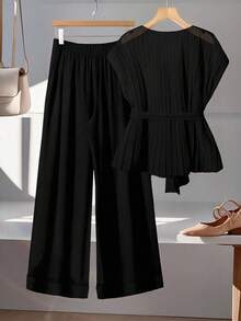 SHEIN Clasi 3 件套大码女士优雅雪纺蝴蝶结腰衬衫和休闲办公室阔腿裤商务休闲装 - 黑色 - 查看 2