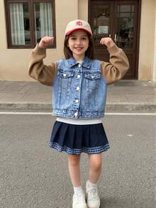 Young Girls Denim Jackets & Coats, Autumn/Winter New Thickened Denim Patchwork Knitted Sleeve Design + Casual Loose Fit Washed Denim Blue Jacket + Fashionable Street Style, Suitable For Spring, Autumn And Winter, Outdoor, Party, Holiday New Arrivals Fall - Medium Wash - View 6