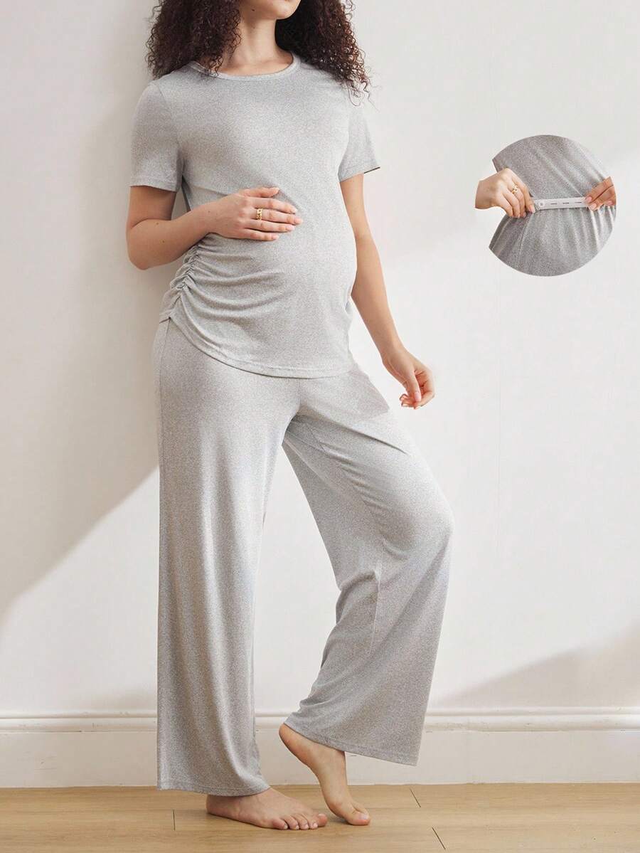 Moonlight&Mama Maternity Pleated Pajama Set - Grey - View 1