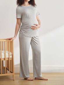 Moonlight&Mama Maternity Pleated Pajama Set - Grey - View 3