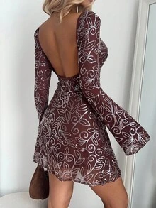 Aloruh Váy mini tay dài đính hoa sequin - Màu đỏ anh đào - Xem 6
