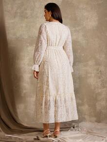 Roveilla Plus Size Autumn/Winter Cutout Floral Ruffle Sleeve Elegant Dress - Apricot - View 2