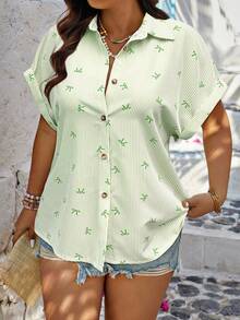 Calvaya Camisa de manga de murciélago con estampado de rayas y lazo, estampado circular, talla grande informal - Multicolor - Ver 3
