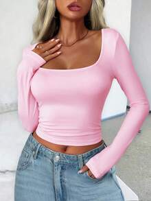 Almamuse Áo thun dài tay dáng ôm màu trơn đơn giản dành cho nữ, Xuân/Thu - Hồng - Xem 3