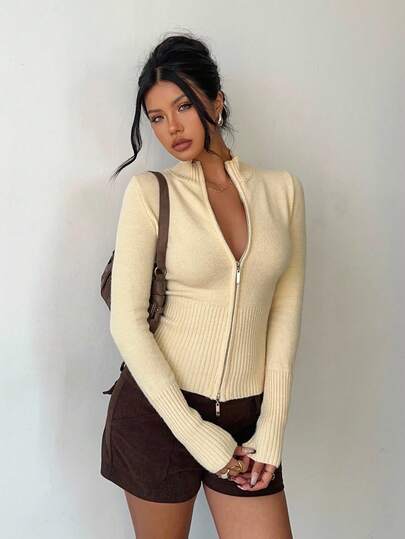 Aloruh Kadınlar İçin Günlük Ribanalı Yüksek Yakalı Fermuarlı Uzun Kollu Kazak Hırka, Sarı, Günlük Giyim ve Spor İçin Uygun, Sonbahar/Kış