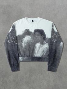 ROMWE MEN Street Life Men's Blurred Portrait Print Loose Fit Pullover Sweatshirt, Fall - Black and White - View 1