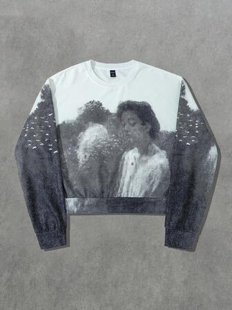 Street Life Men's Blurred Portrait Print Loose Fit Pullover Sweatshirt, Fall