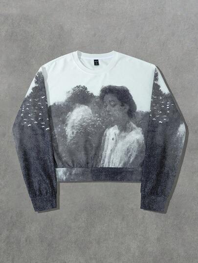 Street Life Sudadera holgada con estampado de retrato borroso para hombre, otoño