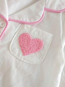 女婴舒适纯棉长袖开衫上衣，带心形刺绣口袋和裤子家居服套装，可爱时尚，春秋季女婴睡衣，9个月-3岁，白色粉色睡衣，秋冬季