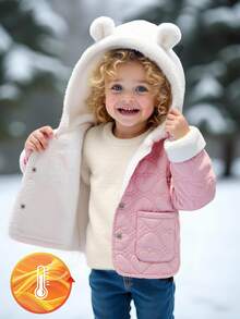 SHEIN Baby Girl Casual Heart Pattern Thick Hooded Long Sleeve Jacket, Pink Rabbit Design, Versatile Winter Padded Coat Fall - Pink - View 1