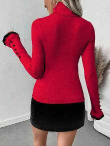 RosyDaze Sweater Rajut Lengan Panjang Wanita Model Turtleneck dengan Kancing dan Rumbai, Dilengkapi Pita dan Lapisan Termal yang Pas di Badan - Merah - View 2