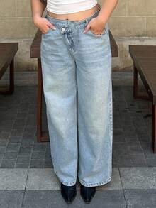 Dazy Plus Jeans rectos de pierna larga con diseño de solapa en ángulo y lavado claro, para todas las estaciones - Lavado ligero - Ver 12