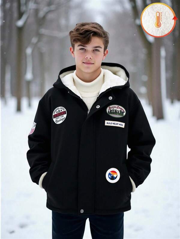 1pc Boys' Collegiate Style Chest Patch Black Jacket, Suitable For Autumn/Winter Outdoor Wear Fall