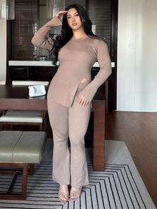 Dazy Plus مجموعة كنزة صوفية بياقة طاقم مع حافة مضبوطة وشق وبنطلون مصنوع من الصوف بساق متسعة، مقاسات كبيرة للنساء في فصل الخريف، قطعتان