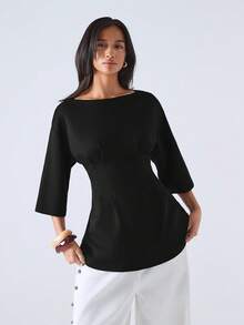 LYSMO 2025 Autumn New Arrival Black Solid Color Round Neck Drop Shoulder Sleeve Cinched Waist Casual Mid-Sleeve T-Shirt. Made Of High Grammage Textured Fabric, Simple And Casual, Suitable For Work And Daily Wear. Black Boat Neck Top Women Black Top Business Casual Top 3/4 Sleeve Top Boat Neck Work Top,Black Tops - Black - View 3