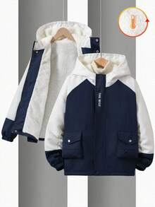 1pc Teen Boys' Autumn/Winter Fleece Lined Cargo Pocket Contrast Color Sleeve Outdoor Casual Windproof Jacket Fall