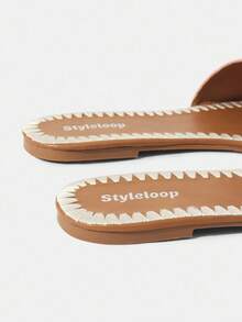 Styleloop Sandalias planas cómodas de punta redonda con bordado floral en lino beige - Rosa - Ver 5