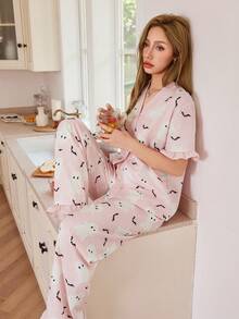Dream Adore Halloween Cute Ghost Print V-Neck Cardigan Ruffle Trim Short Sleeve Pajama Set  Cozy And Elegant Details - Pink - View 7