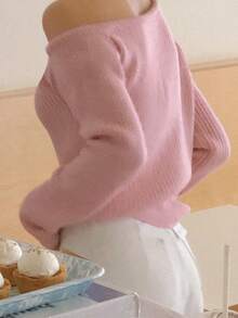 DAZY 女士宽松不对称领口针织毛衣，长袖，秋冬新品