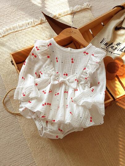 Vintaside Kids Baby Girls' Linen Blend Bodysuit, Long Sleeve & Pants, Comfortable Spring/Autumn Transition Wear, Countryside Style, Floral, Cherry, Polka Dot, Fruit Print Fall Winter