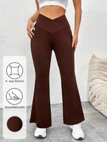 SHEIN PETITE 2024新款夏季简约纯色裹身高腰喇叭裤 - 棕色 - 查看 5