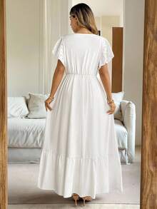 Vionelle 加大码女式法式优雅浪漫长裙，V 领，荷叶边袖，收腰设计和喇叭裙