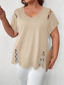 SHEIN LUNE V领交叉镂空大码女式短袖休闲T恤 - 卡其色 - 查看 3