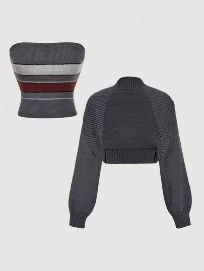 SHEIN MOD Minimalist Comfortable Striped Contrast Color Knit Tube Top And Short Cardigan Set In Fall/Winter Knitted Two Piece Outfit Sweater Set Crop Top Sets Crop Top Sweater,Halloween Costumes,Vacation Outfits Women,2000s Clothes,Christmas Costume,Cozy Fall And Winter Clothes For Women