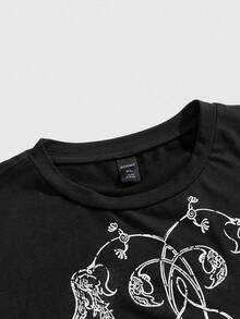 ROMWE MEN Street Life Camiseta Masculina de Manga Curta com Estampa Gráfica Religiosa de Estilo de Rua, Estilo Anos 2000 - Preto - Visão 4