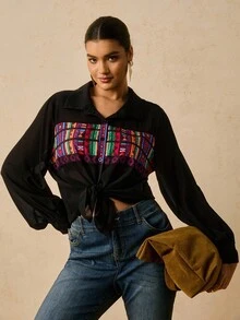 SHEIN VCAY Plus Size Women's Black Chiffon Blouse,Boho Print Long Sleeve Shirt For Autumn Summer,Dinner Tops,Fall Clothes Blouses For Women New - Black - View 1