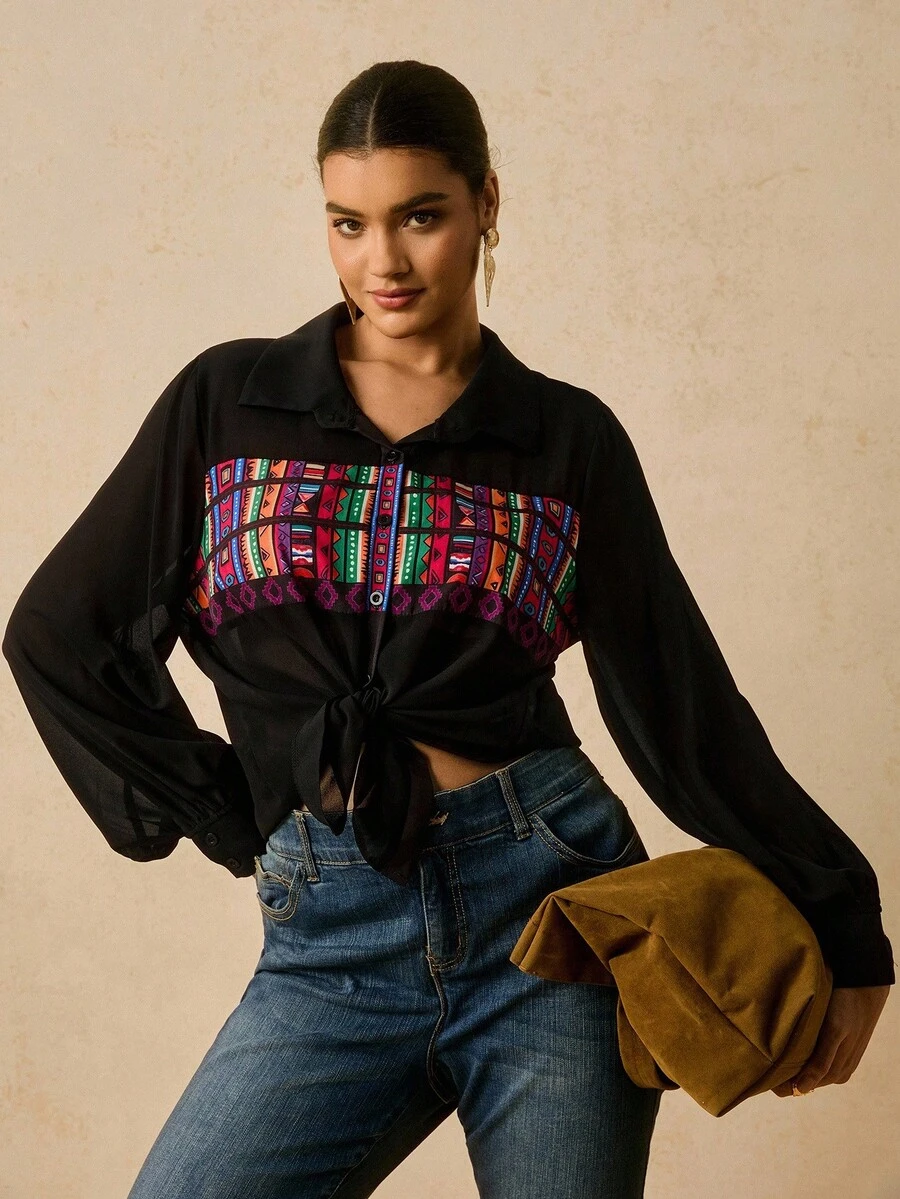 SHEIN VCAY Plus Size Women's Black Chiffon Blouse,Boho Print Long Sleeve Shirt For Autumn Summer,Dinner Tops,Fall Clothes Blouses For Women New - Black - View 1