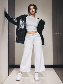 SHEIN PETITE Women's Pocketed Wide Leg Loose Casual 7/8 Length Jeans - White - View 3