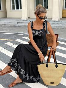 SHEIN Frenchy Women's Embroidered Tie Shoulder Maxi Dress,Black Floral Print Sleeveless Boho Summer Beach Dress,Elegant Vacation Holiday Outfits,Business Casual - Multicolor - View 6