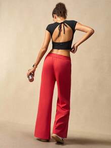 VARSIVA 女士休闲红色宽松阔腿裤 - 酒紅色 - 查看 5