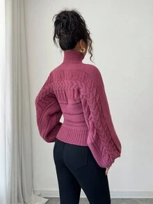 Elenzga 女士秋冬复古镂空立领超大套头衫，街头风格，适合独立日、元旦、劳动节、哥伦布日、感恩节、圣诞节、情人节、复活节等节日、休闲外出、返校、教学服装、韩式时尚、优雅百搭、灯笼袖针织毛衣上衣 - 酒紅色 - 查看 2