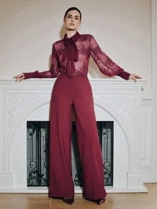 Anewsta Valentinstag Urlaubsstil Pailletten Stickerei transparente Langarm Stehkragen Damen Bluse mit Schleife - Bordeaux - Übersicht 7