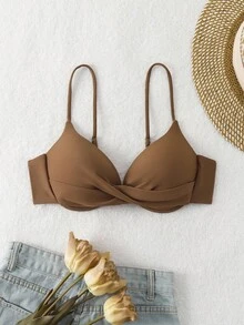 Swim Basics 夏季海灘純色扭結掛脖比基尼上衣，細肩帶附鋼圈，咖啡棕色，女款聚攏比基尼上衣 - 咖啡棕 - 查看 3