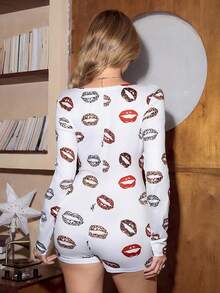 Miss Vinta 时尚复古舒适修身性感唇印女式连体衣睡衣连体裤，秋季 - 黑色 - 查看 2