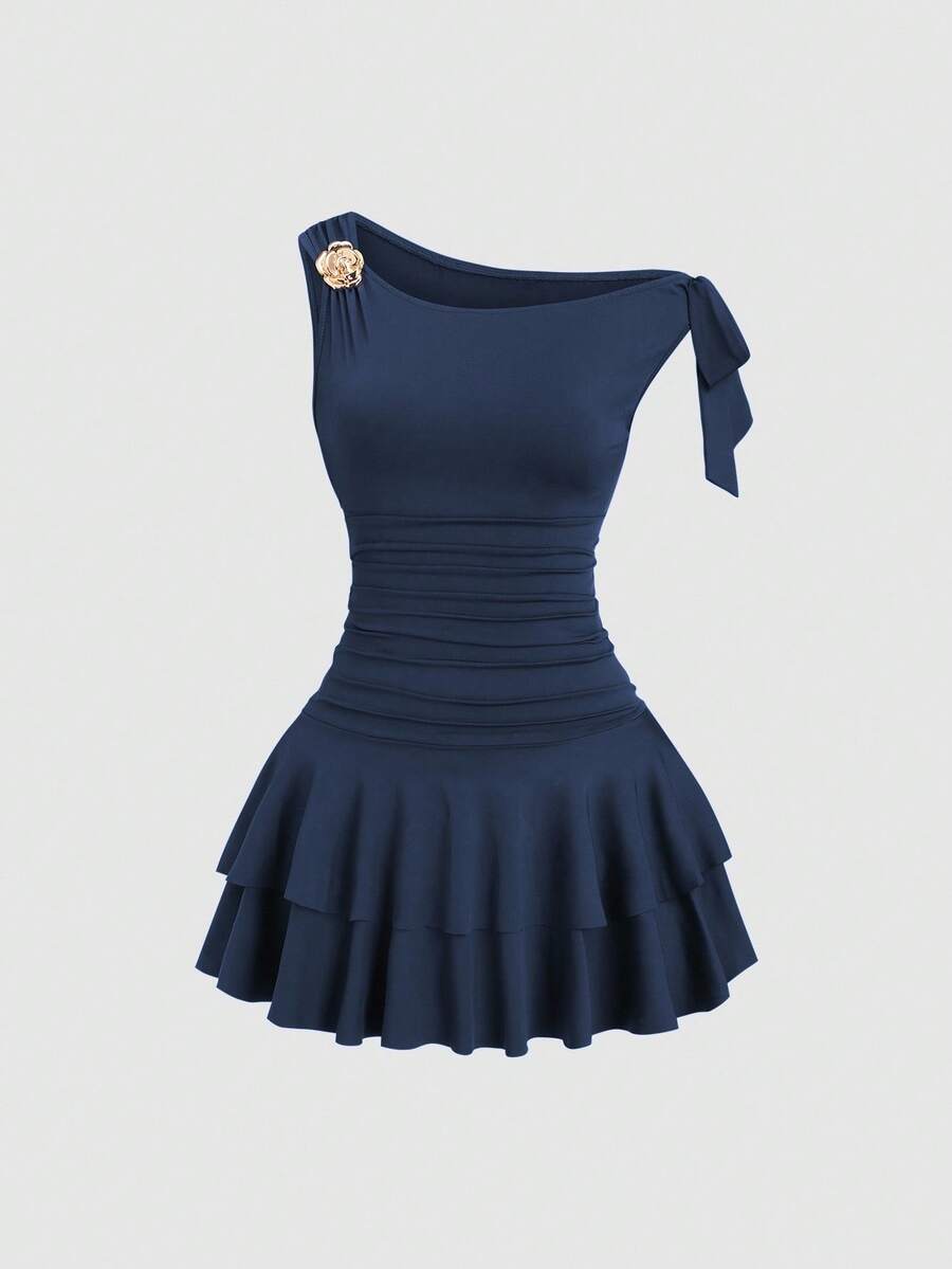 Sweetra Vestido mini ajustado para mujer con decoración floral 3D asimétrica de metal - Azul Marino - Ver 1