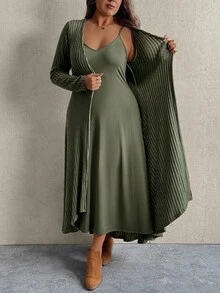 SHEIN Bộ váy maxi cổ chữ V ôm sát thanh lịch dành cho nữ và áo khoác cardigan dệt kim, cỡ lớn, Thu/Đông - màu xanh lá - Xem 7