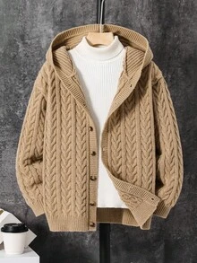 SHEIN 一件装青少年男童休闲运动学院风复古连帽针织开衫，扭结设计，适合儿童返校，也适合生日派对、晚宴、演出、婚礼、洗礼、开幕式等场合，日常穿着舒适，适合上学、旅行、运动，也适合秋冬季节。 - 卡其色 - 查看 2