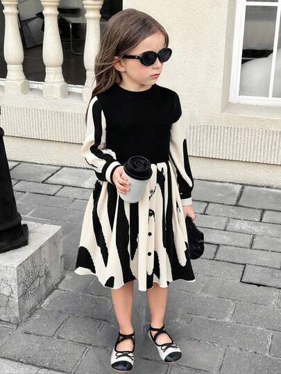 SHEIN Young Girl Fitted Elegant Geometric Pattern Color Block Long Sleeve Knee-Length Dress